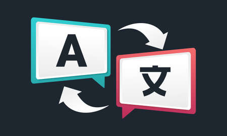 Translate sign. Two chat speech message bubbles with language translation. Isolated on dark...