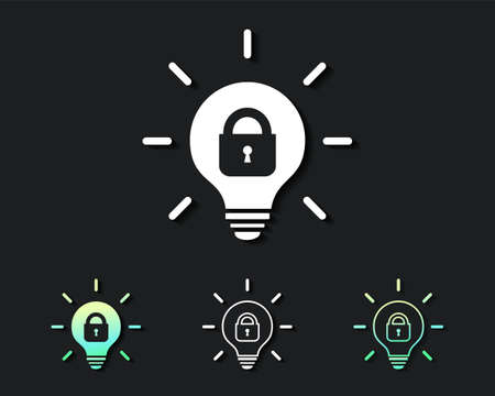 Set of lightbulb with padlock inside. Patented or locked innovations. Protection and privacy intellectual property. Illustration vectorのイラスト素材