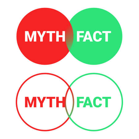 Set of fact myth round sign with midpoint. Concept of thorough fact-checking or easy compare evidence. Illustration vectorのイラスト素材