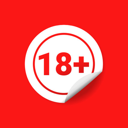 18 plus sign. Age restriction sign. Under 18 not allowed sign. Sticker. Isolated on red background. Illustration vectorのイラスト素材