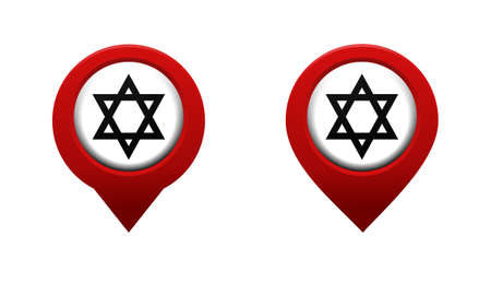Set of map pointer with david star icon. Red map pin. Synagogue location. Illustration vectorのイラスト素材
