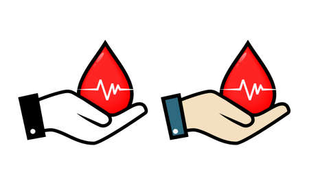Hand holding red blood drop with heartbeat. Blood donation. Illustration vectorのイラスト素材