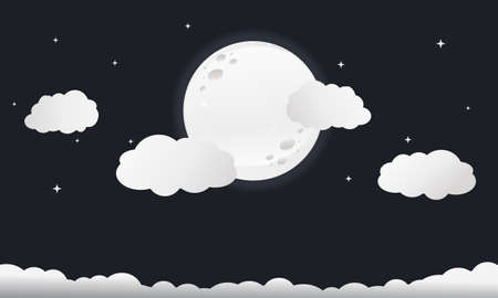 Night sky with full moon, stars and clouds. Mignight, moonlight. Illustration vectorのイラスト素材