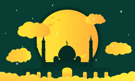 Silhouette of a mosque above the clouds with a full moon. Ramadan eid mubarak background template. Illustration vectorのイラスト素材