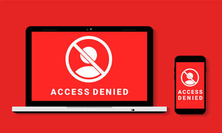 Access denied sign on a laptop and smartphone screen. User is blocked. Not allowed sign. Restricted and prohibition forbidden access. Illustration vectorのイラスト素材
