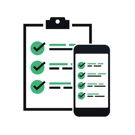 Clipboard checklist or document with checkmark. Checklist on the mobile screen. Check list with checkboxes and checkmark. Reminder, survey, questionnaire, or report Illustration vectorのイラスト素材