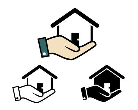 Set of hand holding house icon. Home care. Illustration vectorのイラスト素材