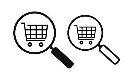 Shopping cart with magnifying glass. Find market. Magnifier glass with trolley icon. Buy online. Illustration vectorのイラスト素材