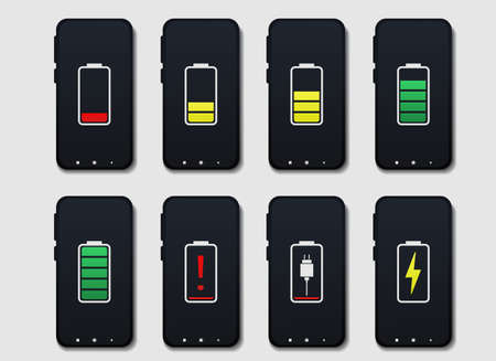 Set of smartphones with battery charge level indicators. Smartphones with low and full battery....