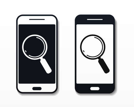 Mobile phone with magnifying glass icon. Searching and analysis. Illustration vectorのイラスト素材