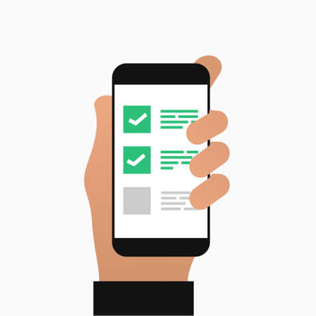 Hand holding smartphone with checklist on screen. Mobile phone and to do list checkboxes, feedback, survey or online quiz. Illustration vectorのイラスト素材