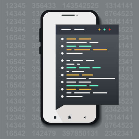 Web Development, code, html, css, java script on phone. HTML code website. Programming html with smartphone. Illustration vectorのイラスト素材