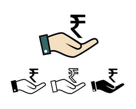 Hands holding up rupee coin. Indian rupee coin in hand. Isolated on white background. Illustration vectorのイラスト素材