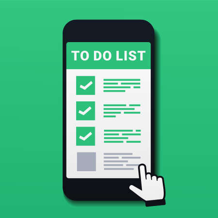 Smartphone with to do list on the screen. Finger touch screen. Checklist on the mobile screen. Check...