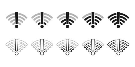 Set of wifi icon with exclamation mark. Wifi alert, error, warning. Network not connected, not available. Isolated on white background. Illustration vectorのイラスト素材