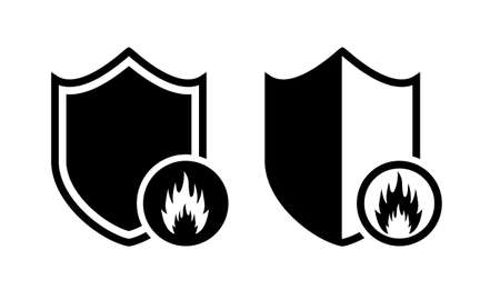 Heat resistant sign. Fire resistance. Shield with fire, flame icon. Refractory sign. Illustration vectorのイラスト素材