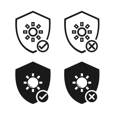 Heat resistant sign symbol. Shield with hot, sun icon. Refractory design concept with checkmark and cross sign. Illustration vectorのイラスト素材