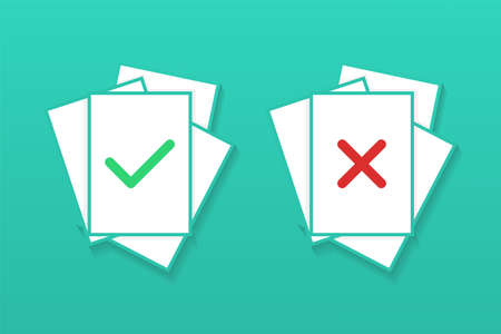 Document with check mark and cross sign. Accept and reject file. Illustration vectorのイラスト素材