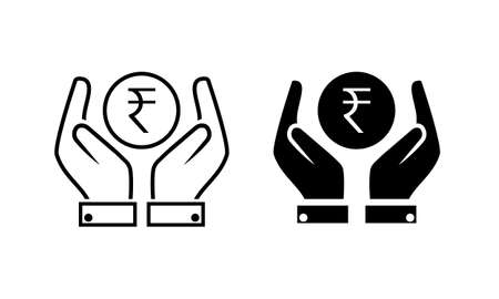 Hands holding rupee coin. Indian rupee coin in hand. Illustration vectorのイラスト素材