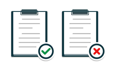 Clipboard document with check mark and cross mark. Symbols yes and no. Task, report. Illustration vectorのイラスト素材