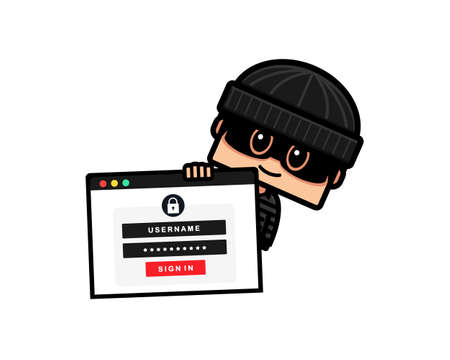 Hacking account. Cute thief character steals data account. Hacked login and password. Cyber crime. Illustration vectorのイラスト素材