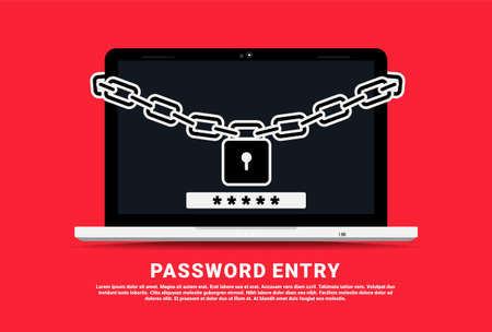 Password entry on laptop. Chain padlock locks laptop. Password security access. Verification code. Private authorization sign. Authentication login from system. Illustration vectorのイラスト素材