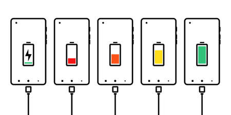 Smartphone with battery charge level indicators and USB connection. Mobile phone charging. Discharged and fully charged battery. Illustration vectorのイラスト素材