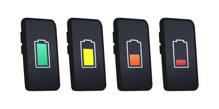 Smartphones with battery charge level indicators. Smartphones with low and full battery....