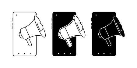 Megaphoneor loudspeaker coming out from of smartphone icon. Digital marketing.  Line style icon Illustration vectorのイラスト素材