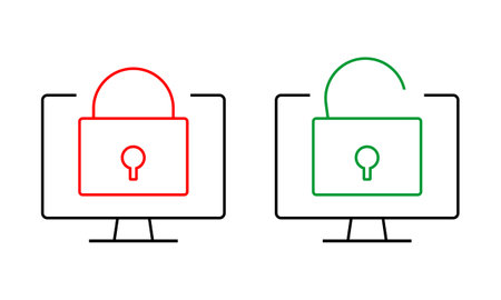 Computer desktop with padlock on screen. Password locked and unlocked. Security, protection concept. Isolated on white background. Illustration vectorのイラスト素材