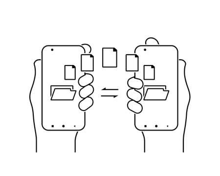 File transfer between smartphone. Hand holding phone, exchange data  or copy file. Illustration vectorのイラスト素材