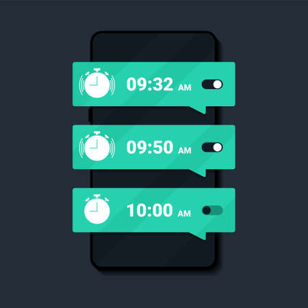 Wake up time settings. Alarm clock app on smartphone screen. Set up multiple alarm reminder on phone. Illustration vectorのイラスト素材