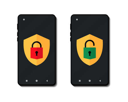 Smartphone locked and unlocked. Lock and unlock button icon. Phone with padlock on screen. Security, protection concept.  Accessibility. Illustration vectorのイラスト素材