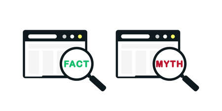 Facts myths sign. Magnifying glass with true or false. Concept of thorough fact-checking or easy compare evidence. Illustration vectorのイラスト素材