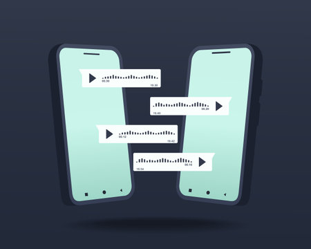 Mobile phone with voice messages bubbles chat. Voice notes. Smartphone sending audio messages. Illustration vectorのイラスト素材