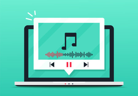 Laptop computer music player app. Illustration vectorのイラスト素材