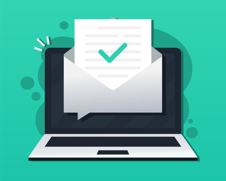 Check mark document in mail envelope. Approved email message on laptop computer screen. Vector illustration.のイラスト素材