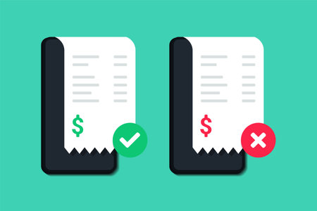 Invoice with check mark and cross sign on mobile phone screen. Paper invoice, shopping cash bill slip, buying tax transaction service. Vector illustrationのイラスト素材