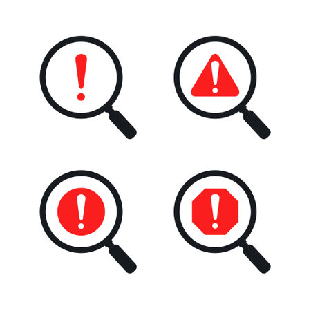 Magnifying glass warning error icon. Vector illustrationのイラスト素材