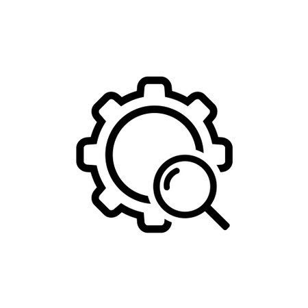Gear with magnifying glass icon. Settings search. Vector illustrationのイラスト素材