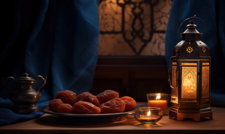Ramadan Kareem greeting card with dates and lantern. Selective focusの素材