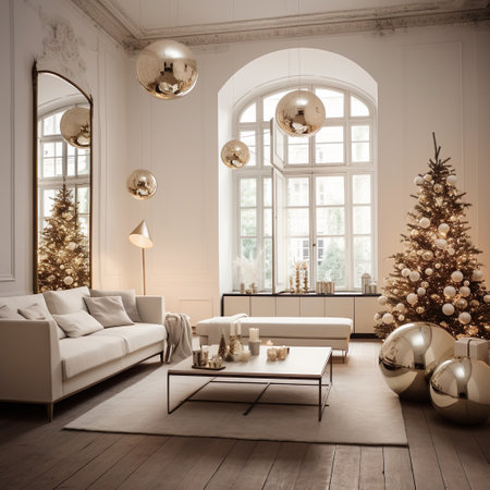 Luxury living room with christmas tree and decorations. 3d renderの素材