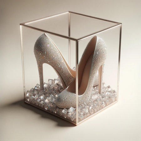High heel shoes in a glass box with ice cubes on a light backgroundの素材