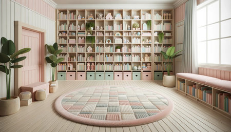 3D rendering of a childrens room with bookshelves and plantsの素材