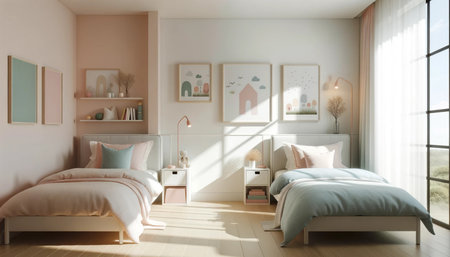 Modern bedroom interior design. 3d render illustration mock up. Bedroom in pastel colors.の素材