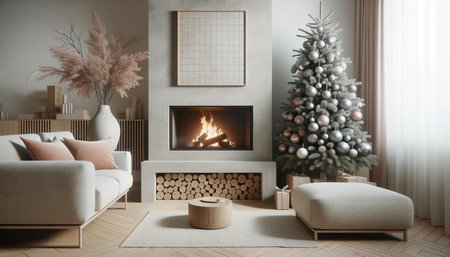 Christmas living room with fireplace and christmas tree. 3d renderingの素材