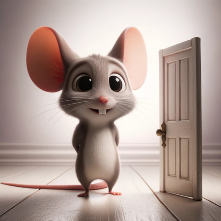 3D rendered illustration of a cute mouse with a door in the backgroundの素材