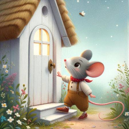 Cartoon mouse with a house in the background. 3D illustration.の素材