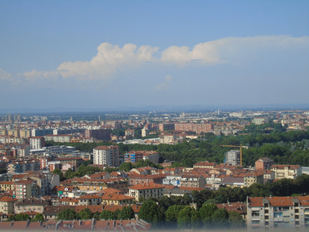 Piemonte, Italy - 08/04/2018: An amazing photography of the city of Turin from italy in summer days from the high and low part of the city including the beautiful river of Po from the centerのeditorial素材