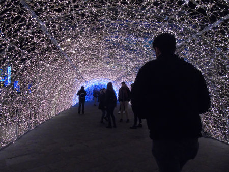 Genova, Italy - 12/15/2018:An amazing christmas decoration lights on the streets of Genova in winter with an artistic background and some people enjoing the momentのeditorial素材